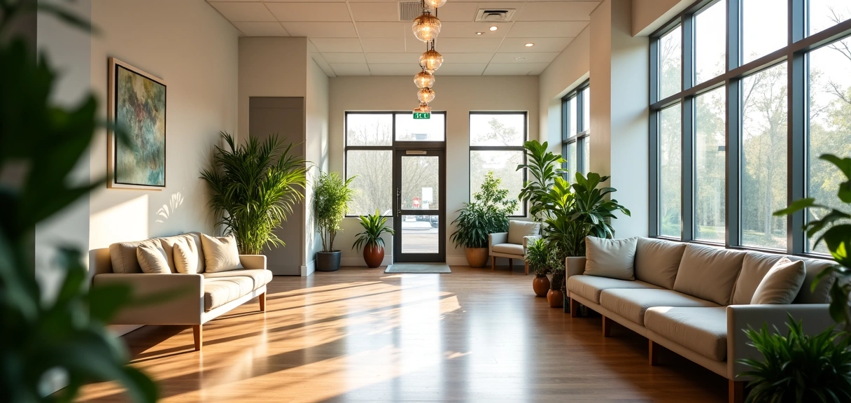 A professional and welcoming nutrition clinic interior with natural light and modern decor, creating a serene atmosphere for consultation.