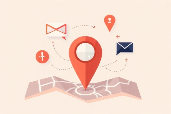 Stylized map pin and communication icons representing contact