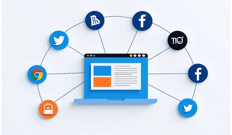 Abstract representation of various third-party cookie icons connected to a central website icon, showing data flow