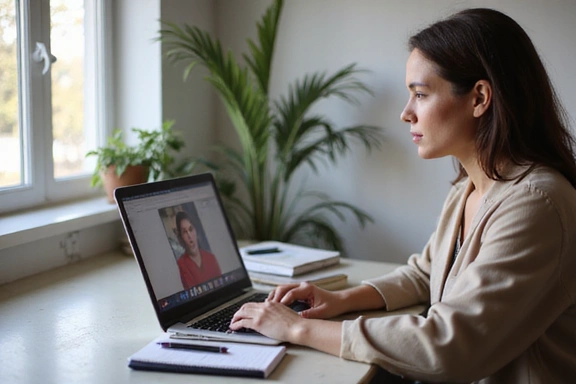 Person preparing for an online consultation, looking at notes and a laptop.