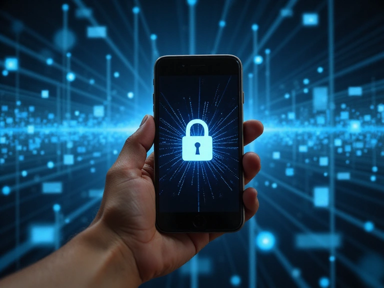 A hand holding a smartphone displaying a secure connection icon, with digital data flowing in the background, representing secure data processing.