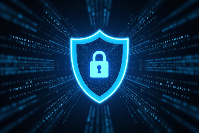 A shield icon with binary code in the background, representing robust data security and protection during transfers and disclosures.
