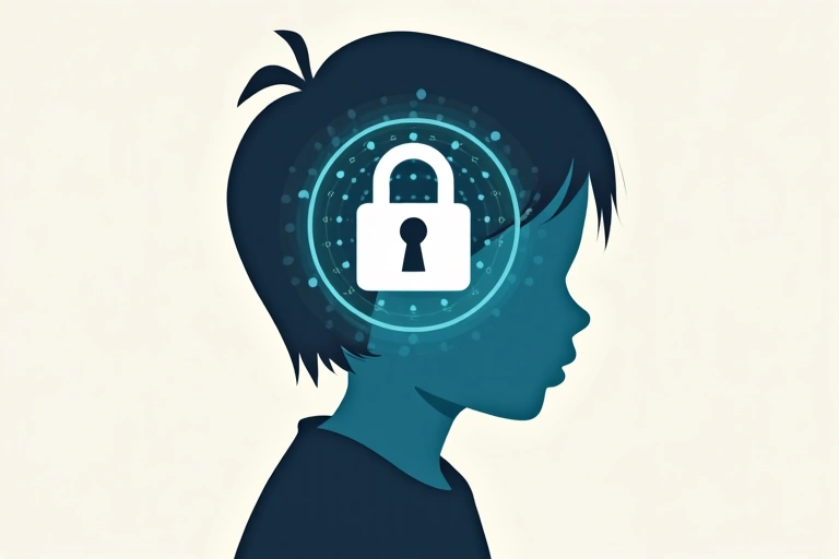 A stylized illustration of a child's silhouette with a digital padlock, representing the importance of children's online privacy.