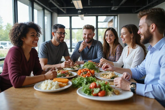 Business professionals enjoying a healthy lunch in an office setting