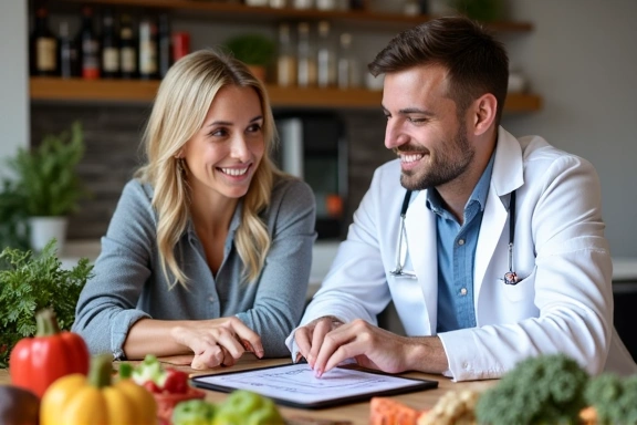 Nutritionist consulting with a client, showing dietary charts