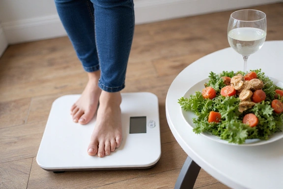 Person weighing themselves and eating a healthy salad